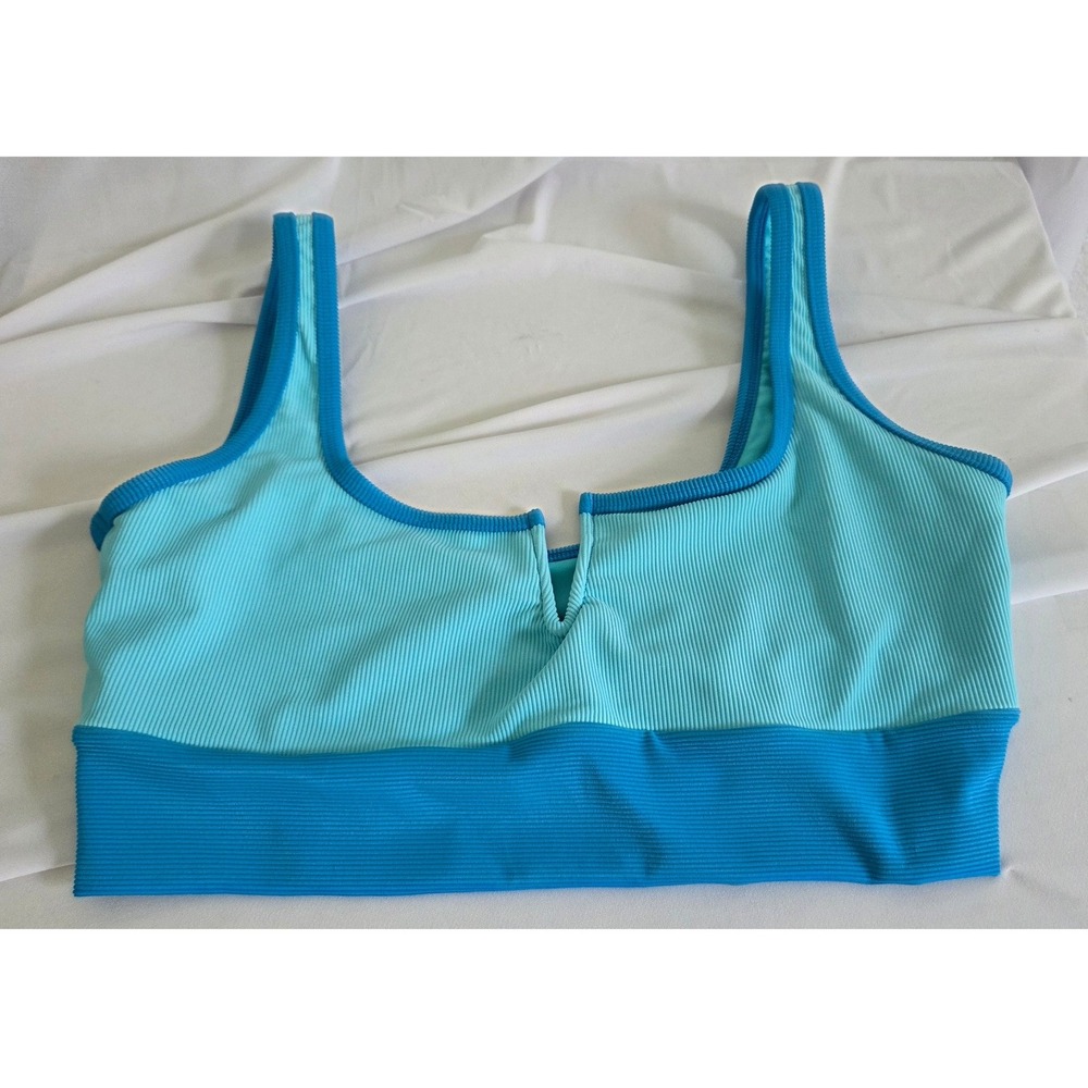 New LainSnow Blue Lagoon, Ribbed Bikini Top Blue Two Tone Notched Square Neck